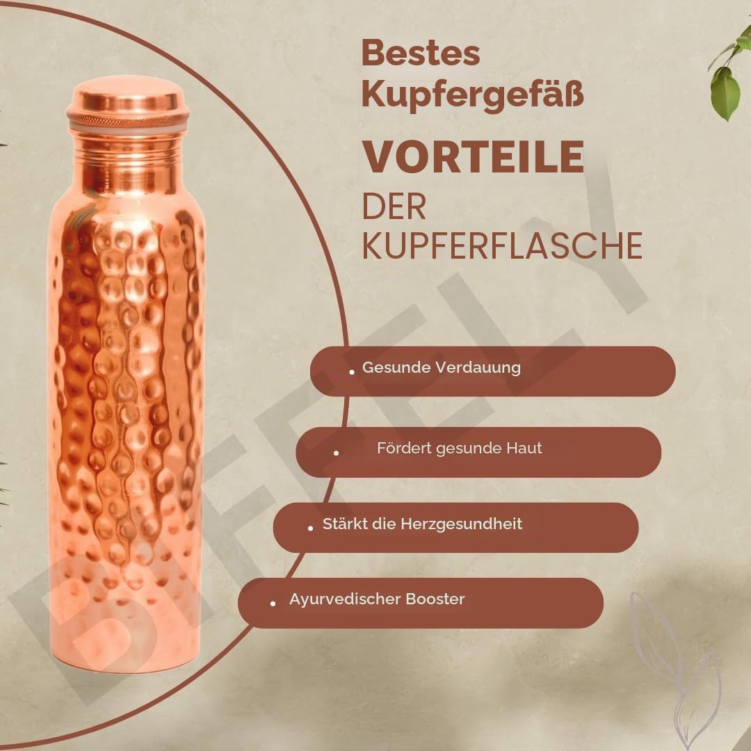 Kupfer-Wasserflasche, handgefertigt, ayurvedisch, 100% reines Kupfer, für Damen und Herren, auslaufs