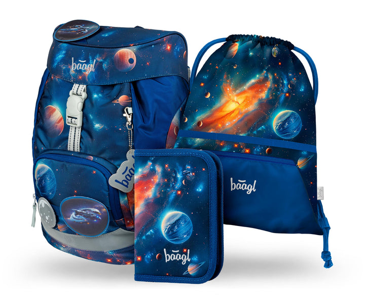 Baagl Schulranzen Jungen für 1. Klasse, Airy Schultasche Set 3-Teilig, Grundschule Schulrucksack für