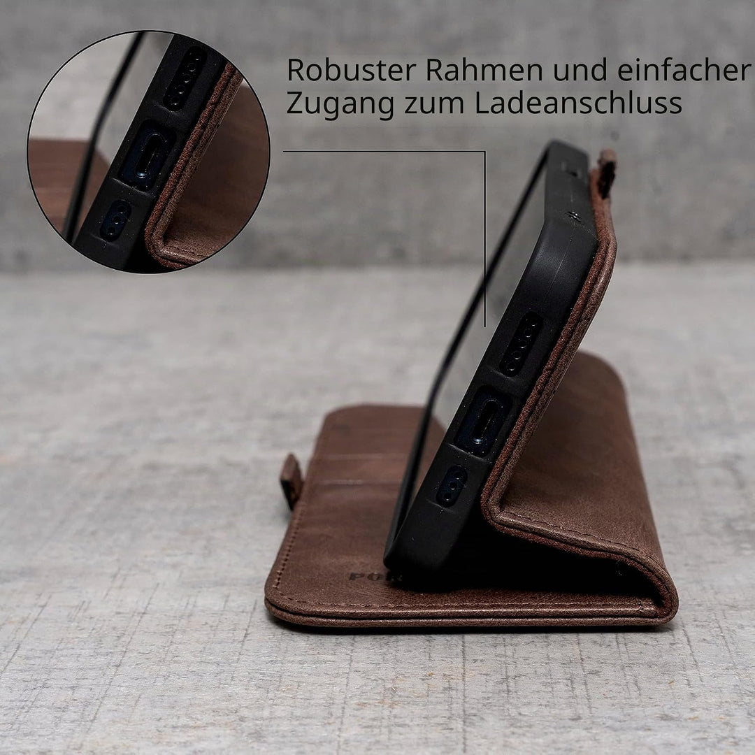 Porter Riley - Lederhülle kompatibel mit iPhone 15 Plus. Premium Echtleder Standhülle/Ledertasche/Br