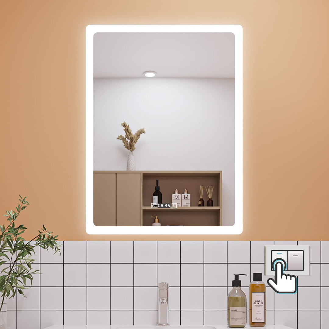 Aica Sanitär LED Badspiegel 50×70cm mit Uhr 3 Lichfarbe dimmbar Memory Wand/Touchschalter Anti-Besch