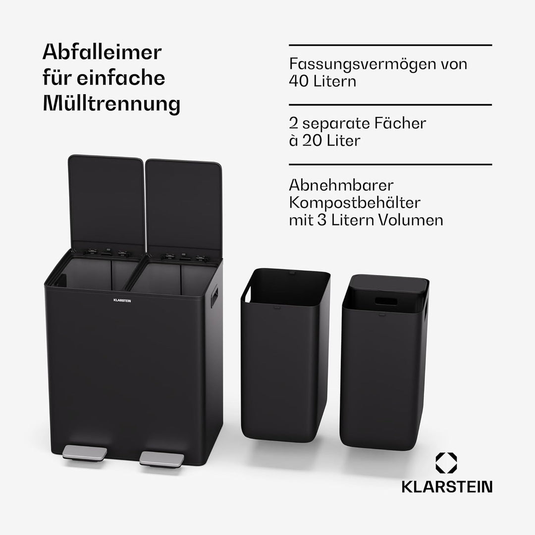 Klarstein EcoVista Mülleimer - 40L Abfalleimer mit 2 Fächern & 3L Komposteimer, Soft-Close, Edelstah