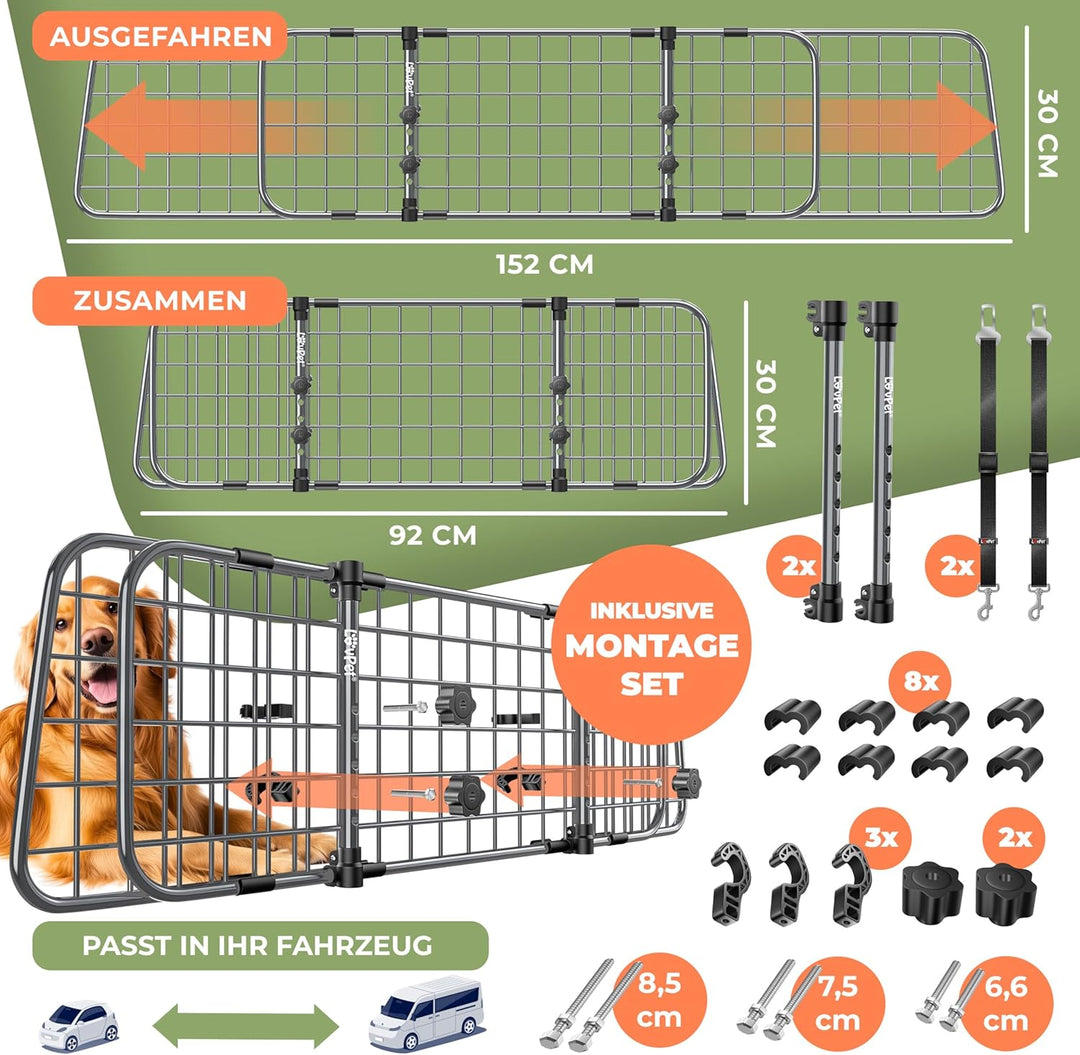 LOVPET® Hundegitter Auto Kofferraum – Universal Trenngitter für Hunde, verstellbar 92–152 cm, ohne B