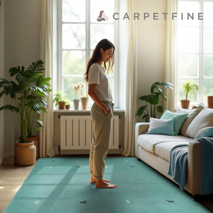 carpetfine Wollteppich Gabbeh Uni Türkis 60x90 cm | Moderner Teppich für Wohn- und Schlafzimmer 60x9