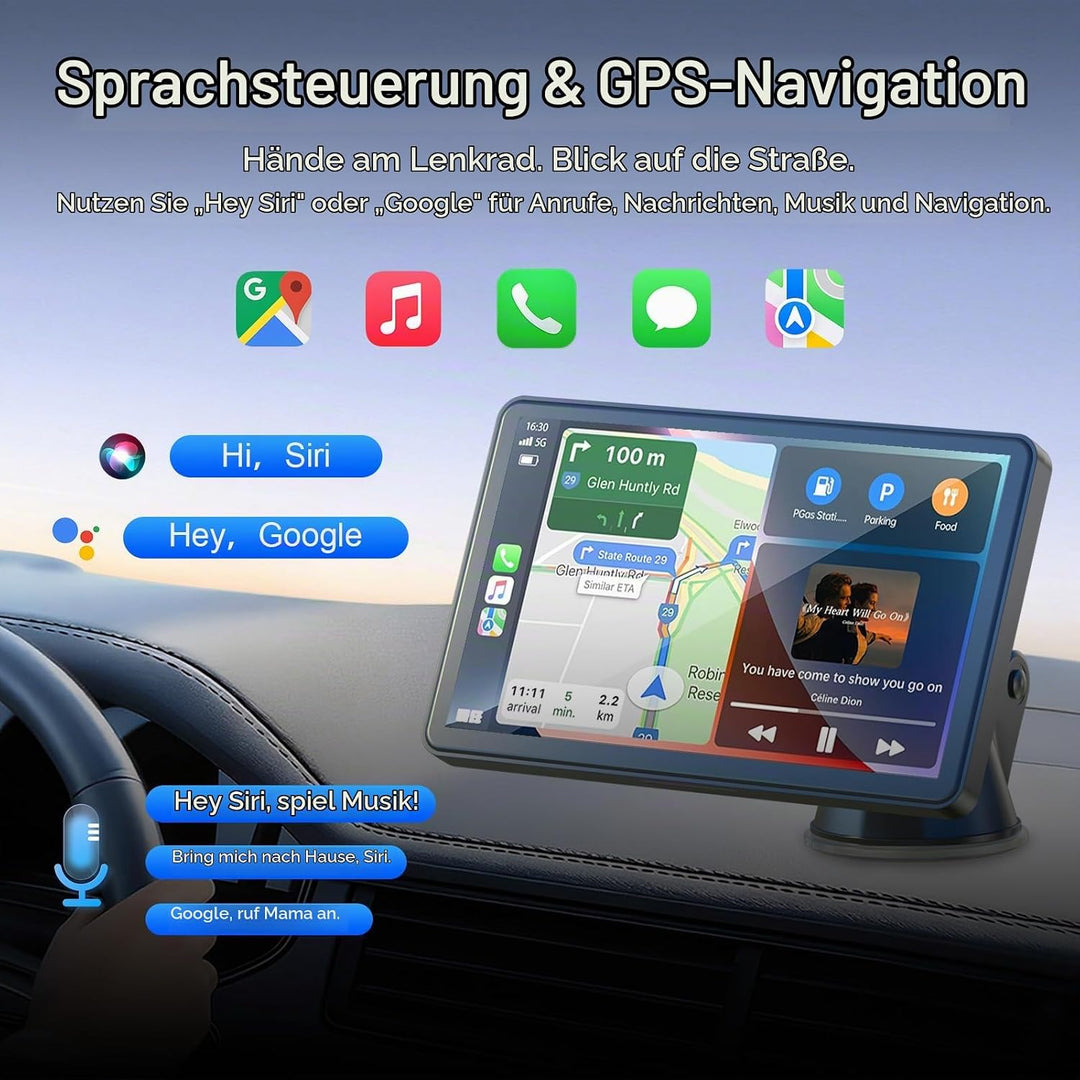 7" Drahtloses Tragbares Car Play Display für Apple CarPlay &amp; Android Auto mit Bluetooth, Mirror Link