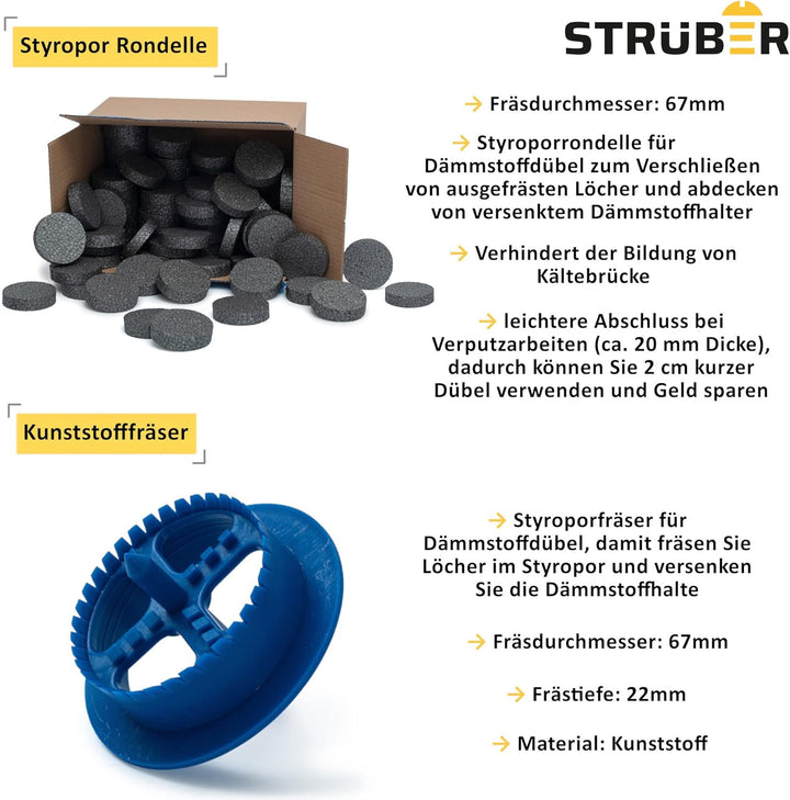 WDVS SET (Grau Styropor Rondelle 200 Stk. + Styroporfräser 1 Stk.) Satz für Fassadendämmung Wärmedäm