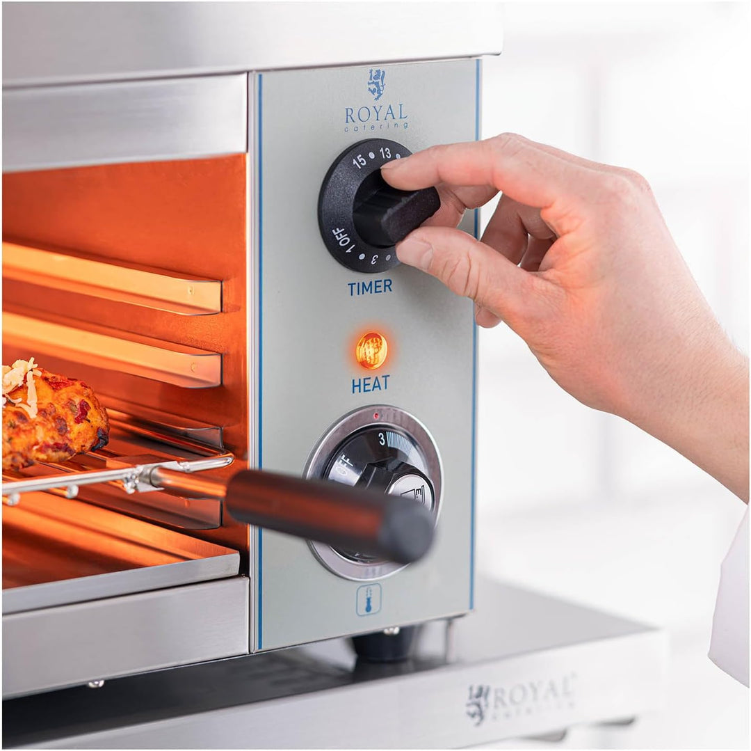 Royal Catering Salamander Grill Überbackgerät (230 V, 2000 W, E.G.O. Thermostat 50–250 °C, Auffangbe