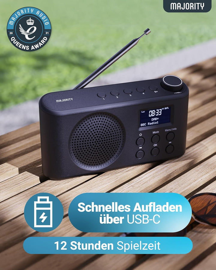 Tragbares Bluetooth DAB, DAB+ Radio | USB-C betrieben & wiederaufladbarer Akku | 12 Stunden Wiederga