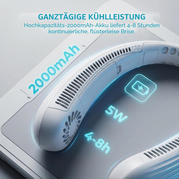 Tragbarer Hals-Ventilator, blattlos, per USB wiederaufladbar, 2000 mAh Akku, 4-8 Stunden Laufzeit, l