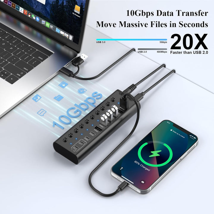 Aktiver USB-Hub, 10-Port USB-C-Hub mit 5X USB-A 3.2 und 2X USB-C 3.2, BC1.2 & 2X PD 45W Ladeports, E