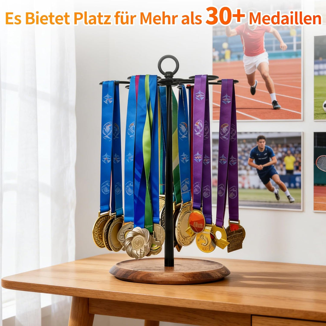 ohbien 360 Grad Drehbares Medaillenhalter Medaillen Aufhänger Holz für über 30+ Medaillen, Ohne Bohr