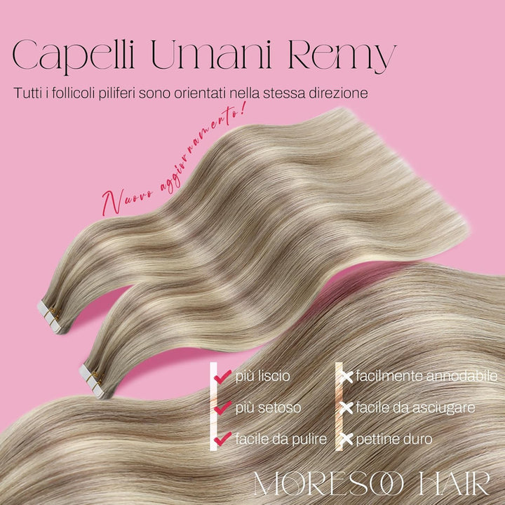 Moresoo Tape Extensions Blond Haarverlängerung Echthaar Tapes Hellbraun mit Platinblond Unsichtbare