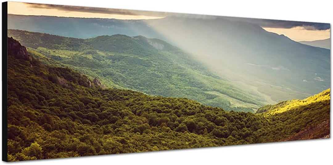 Paul Sinus Art Panoramabild auf Leinwand und Keilrahmen 150x50cm Krim Landschaft Berge Wald Wolkenhi