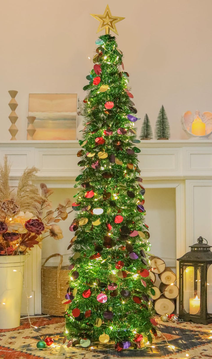 HMASYO 150 cm Pop-Up Lametta Weihnachtsbaum mit 50 Timer-Lichtern, Buntes Grün Zusammenklappbarer Kü