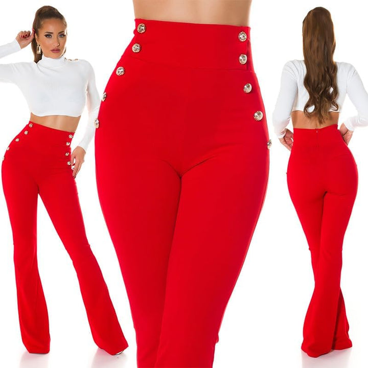 Koucla Stoff Business High Waist Schlag Hose mit Deko Knöpfe L Rot, L Rot
