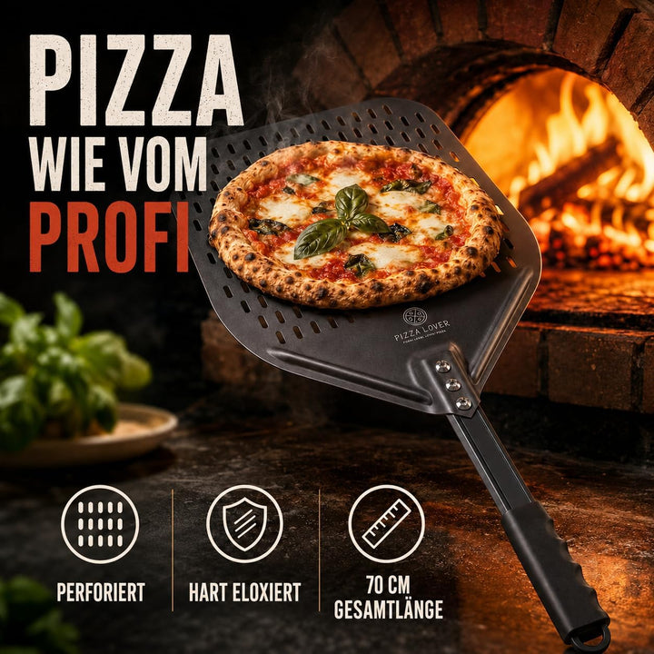 Pizza Lover® hochwertiger Pizzaschieber perforiert 30 x 30 cm Pizzaschaufel aus harteloxiertem Alumi
