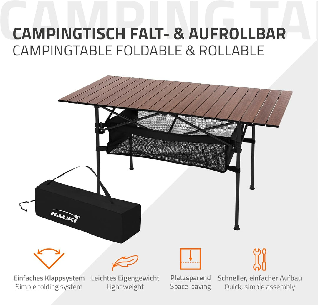 Hauki Campingtisch faltbar Braun, 118 x 55 x 64,5 cm, Aluminium Klapptisch, Aufrollbare Tischplatte,