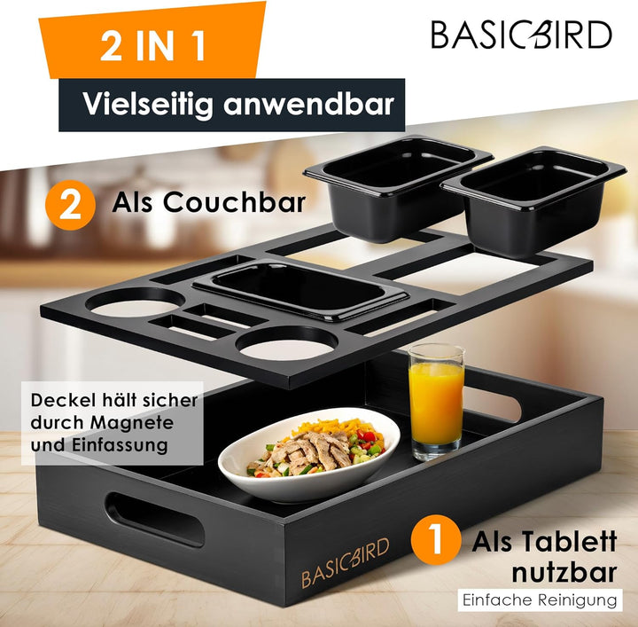 Couchbar Snackbox - Organizer Tablett- Snackspender mit 3X Snackschale - Holz Sofatablett für Sofa,