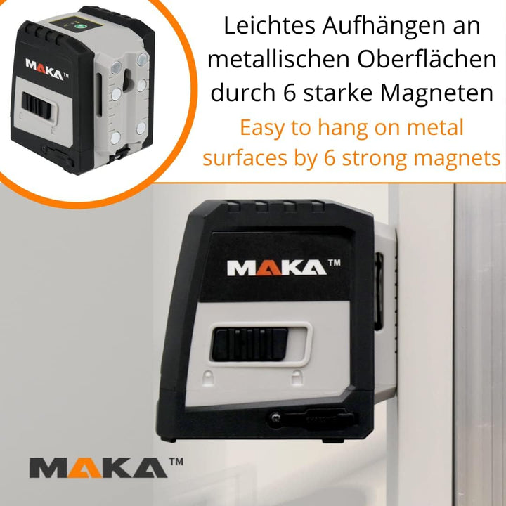 MAKA Grüner Kreuzlinienlaser - USB-C aufladbar - 0,3 mm/m - 4° Selbstnivellierend Linienlaser - IP54