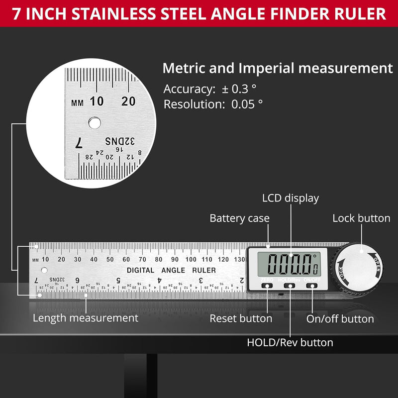 XUNTOP Digital Winkellineal 200mm Edelstahl + Digitaler LCD Level Box mit Magnetfuss 2 Messmodi Inne