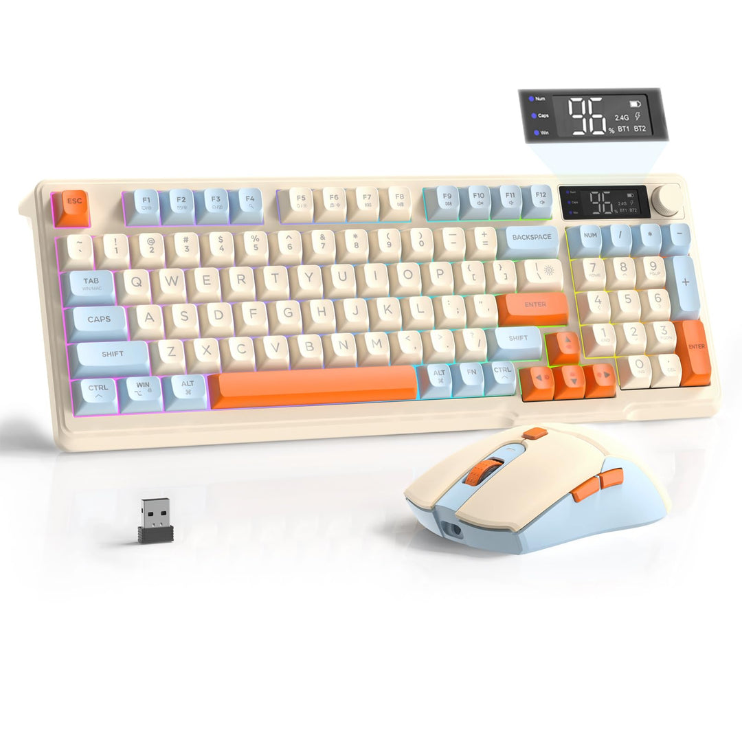 FREEWOLF T96 Kabellose Tastatur und Maus, Bluetooth & 2.4G,PBT-Tastenkappen, QWERTY, Medienrad, Disp