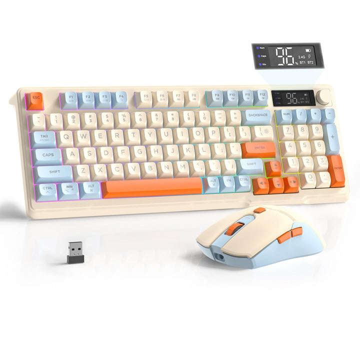 FREEWOLF T96 Kabellose Tastatur und Maus, Bluetooth & 2.4G,PBT-Tastenkappen, QWERTY, Medienrad, Disp