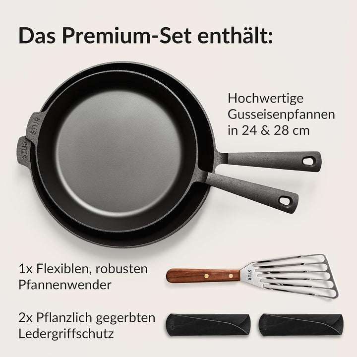 STUR - ORIGINAL PREMIUM-Set Gusseisenpfanne Induktion 24cm &amp; 28cm inkl. 2x Echtleder Griffschutz, Pf