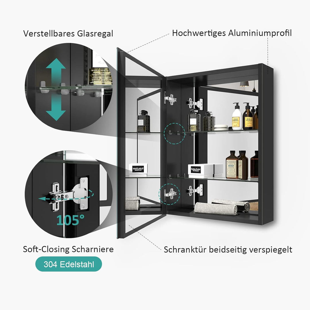 EMKE Spiegelschrank mit Innenspiegel, schwarzer Badezimmerspiegelschrank, Aluminium-Spiegelschränke