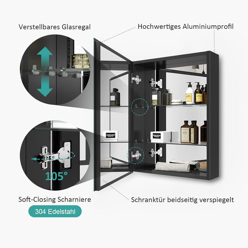 EMKE Spiegelschrank Bad, Badezimmer Spiegelschrank mit Spiegel, 50x65cm Badschrank Wandschrank mit h