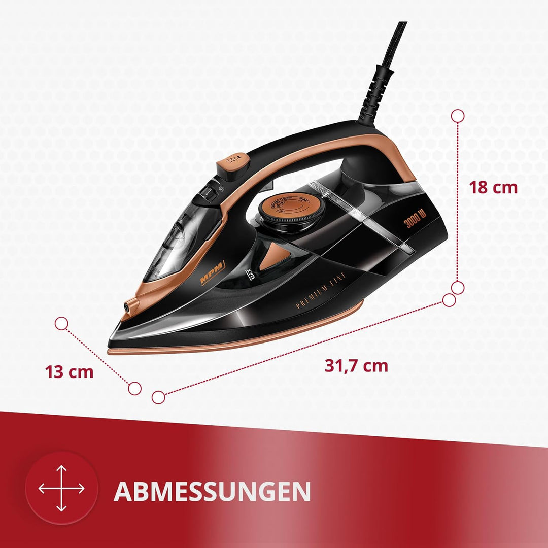 MPM Bügeleisen mit Keramiksohle MZE-24/C – 190g Dampfstoss - Kontinuierlicher Dampf - Vertikale Damp