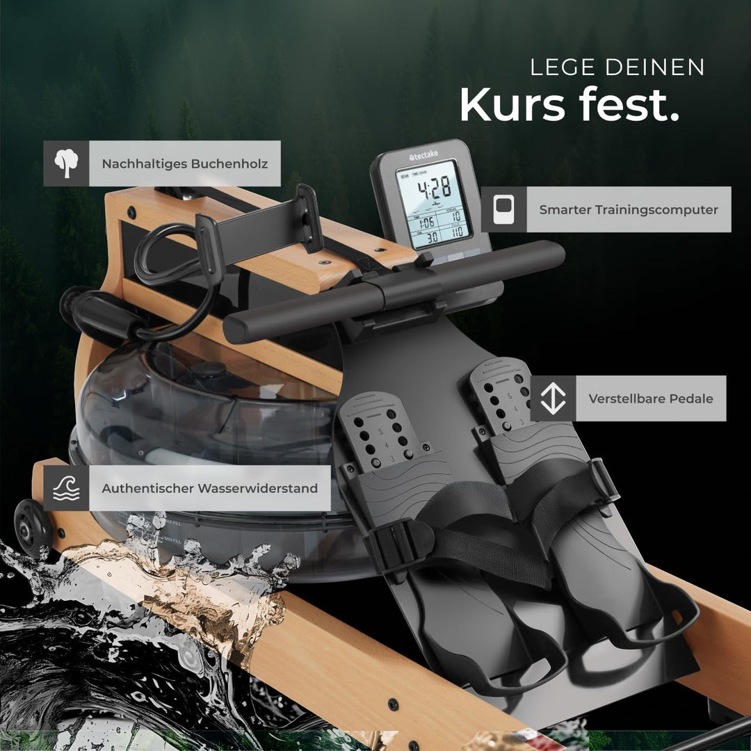 tectake® Wasser Rudergerät für Zuhause + Pulsgurt, Holzrudergerät Heimtrainer mit Wassertank, Wasser