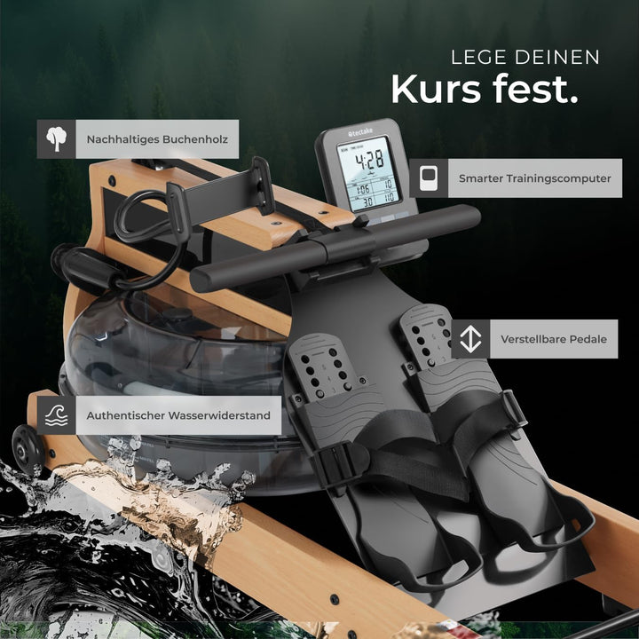 tectake® Wasser Rudergerät für Zuhause + Pulsgurt, Holzrudergerät Heimtrainer mit Wassertank, Wasser