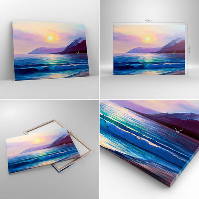 Bilder auf Leinwand 100x70cm Leinwandbild mit Rahmen Berge Meer Welle Gross Wanddeko Bild Schlafzimm