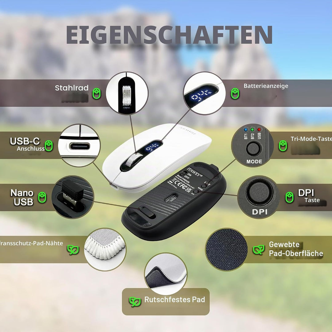 Kabellose Maus & Mauspad Set - mit LCD-Anzeige, Bluetooth & Nano USB, Tri-Modus, wiederaufladbar, le