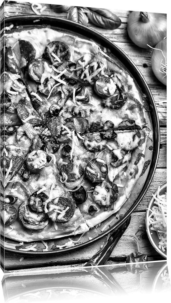 Pixxprint Leckere Pizza auf Holztisch / 100x70cm Leinwandbild bespannt auf Holzrahmen/Wandbild Kunst