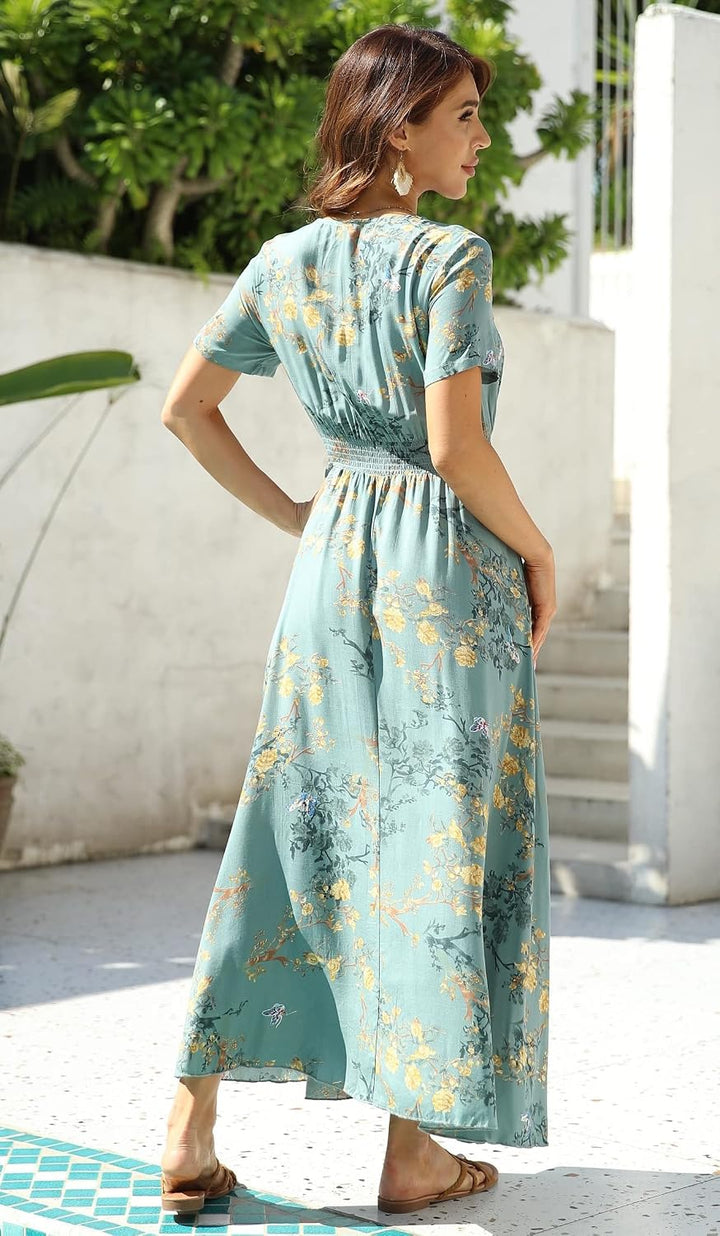 VOGMATE Damen Lange Split Knopf Up Sommer Maxikleid Floral Strandwear Holidy Kleid Hohe Taille mit k