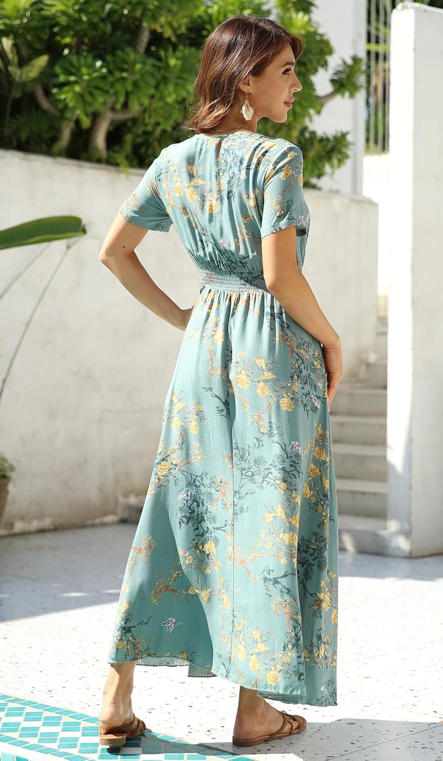Damen Lange Split Knopf Up Sommer Maxikleid Floral Strandwear Holidy Kleid Hohe Taille mit kurzen Är