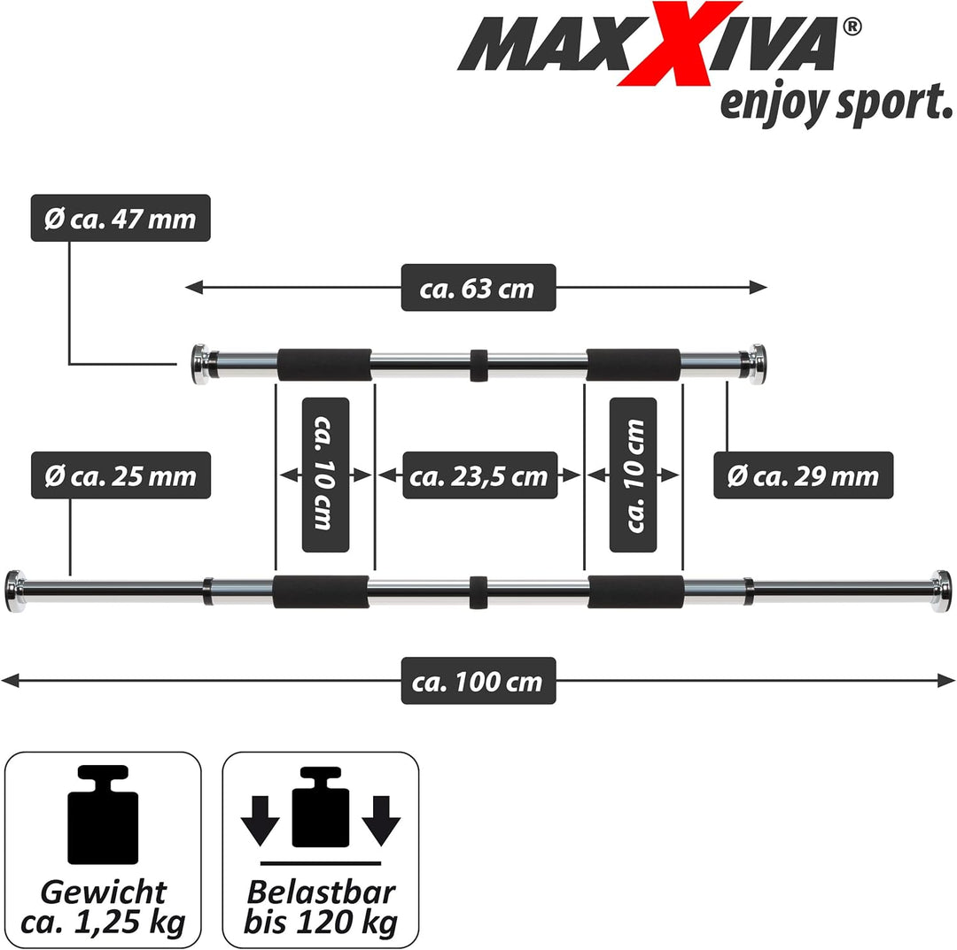 Klimmzugstange für Türrahmen silber Griffe stufenlos einstellbar 63-100 cm für Workout Kraftübungen