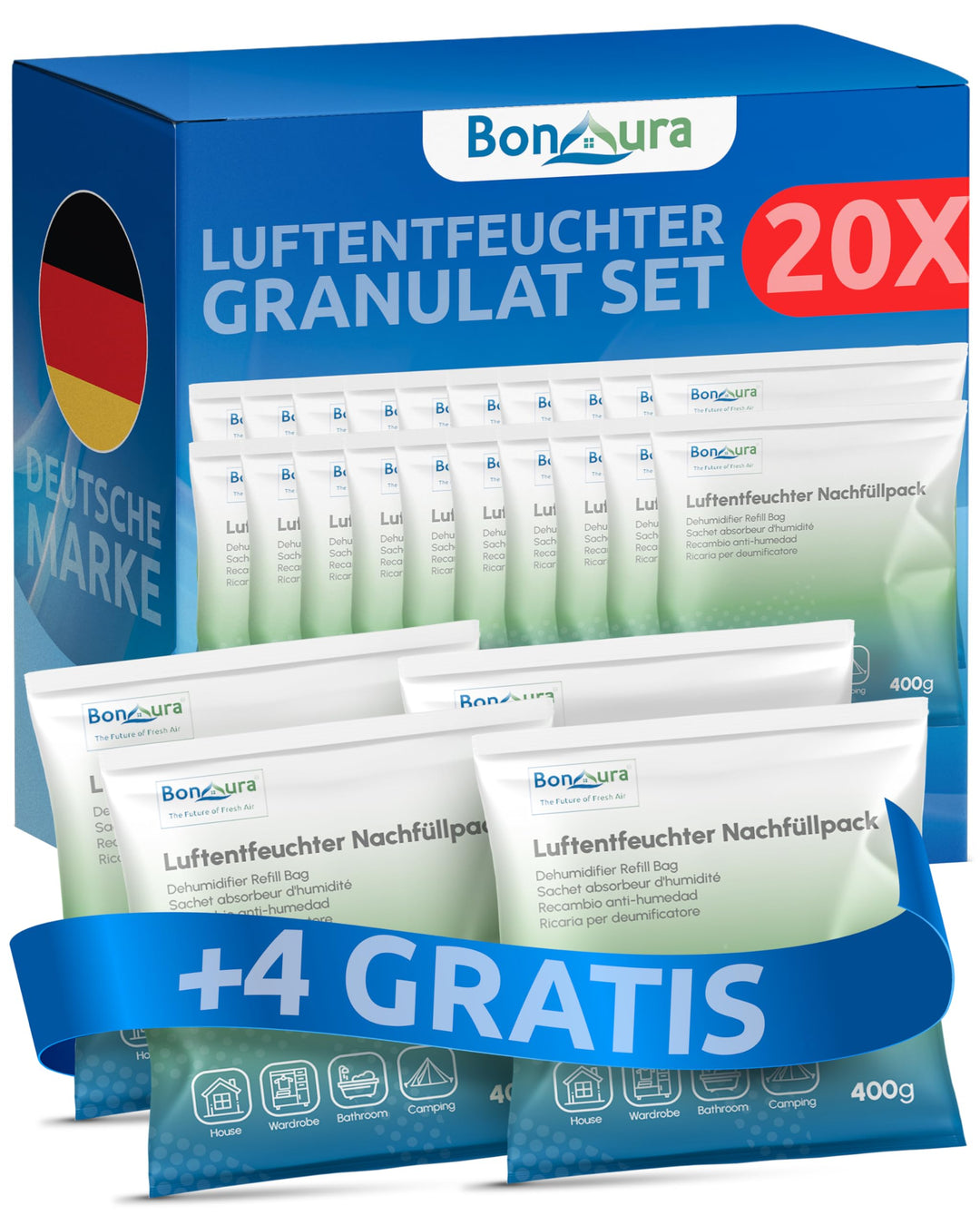 BonAura® Luftentfeuchter Nachfüllpack 24 x 400g - Grosses Sparset Luftentfeuchter Granulat - 24er Se
