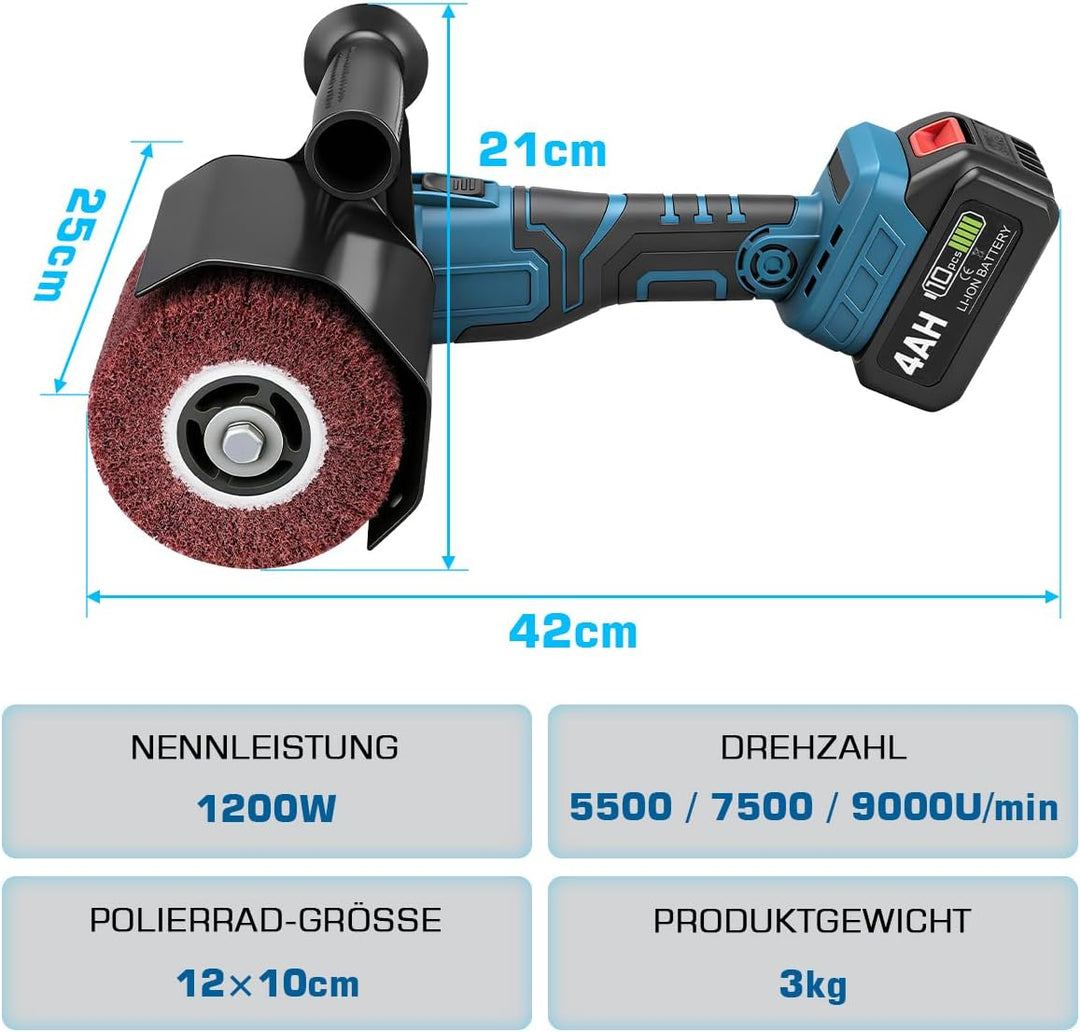 3 IN 1 Satiniermaschine & Poliermaschine & Winkelschleifer, 1200W Akku-Bürstenschleifer Brushless, 5