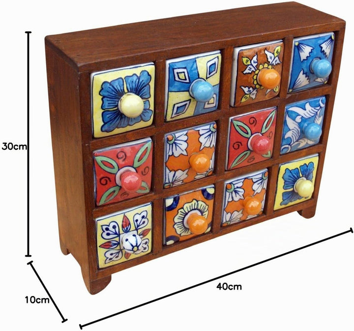 GURU SHOP Apothekerschränkchen mit Bunten Keramik Schubfächern, Gewürzkiste - 4x3 Fächer Modell 1, 2