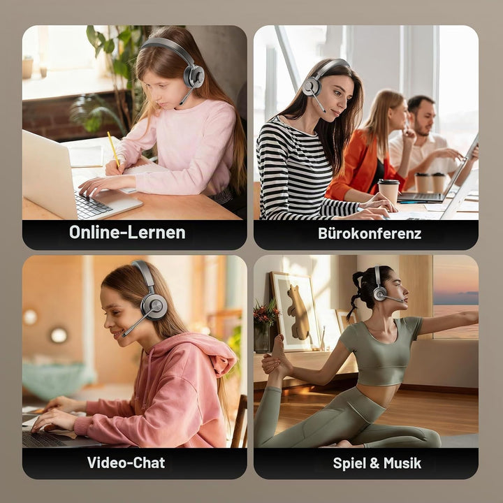 Beebang Bluetooth Headset mit Mikrophone, Kabelloses Headset für PC Laptop, 32h Gesprächszeit, USB A