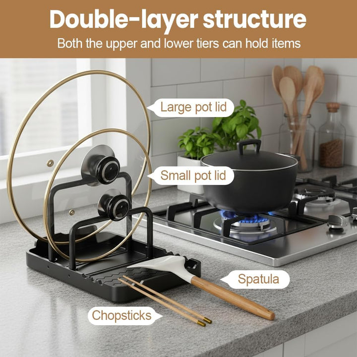 MiOYOOW Topfdeckelhalter, Schneidebretthalter mit Löffelablage, Rutschfester Topfdeckel Pfannen Orga