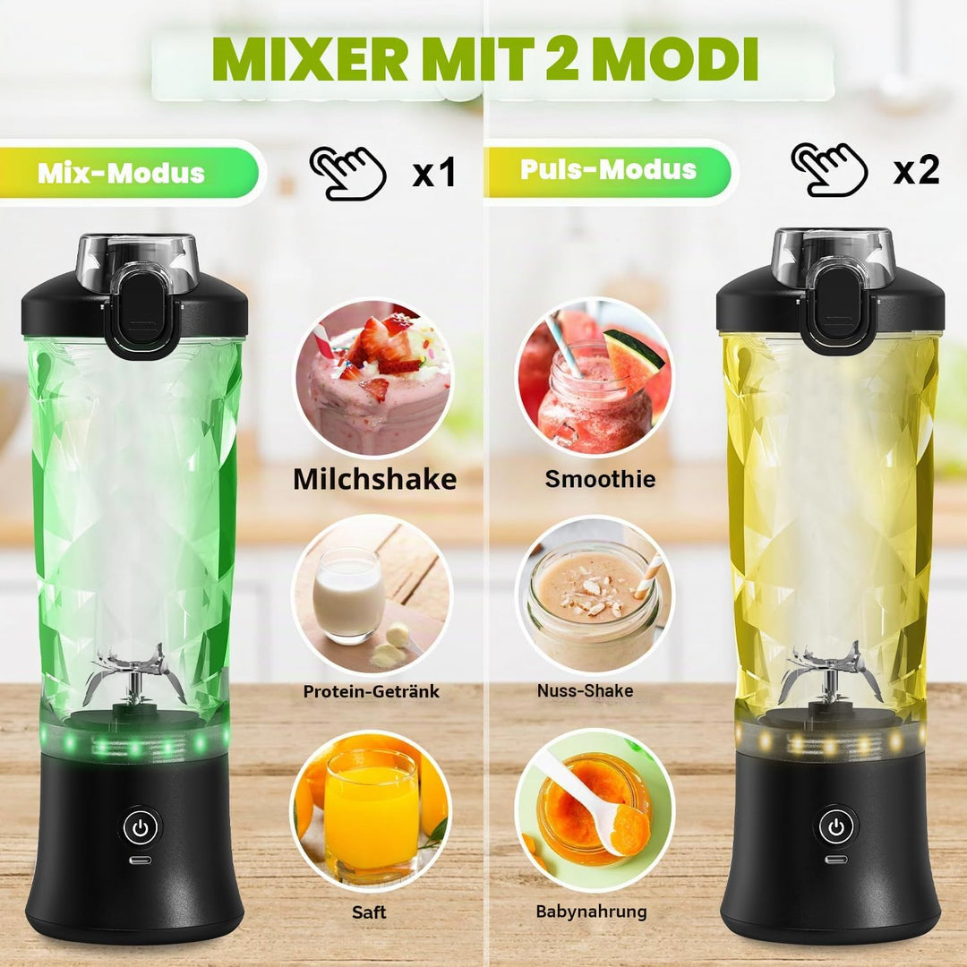 Tragbarer Mixer Smoothie Maker - 600ml Mini Standmixer to Go - 6 Klingen, Reisedeckel und Isolierte