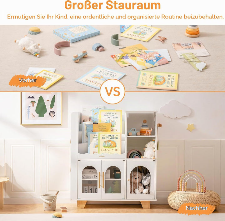 ROBUD Kinder bücherregal Weiss, Holz Standregal,mehrstufig, mit Spielzeugaufbewahrungszone, Kindersc