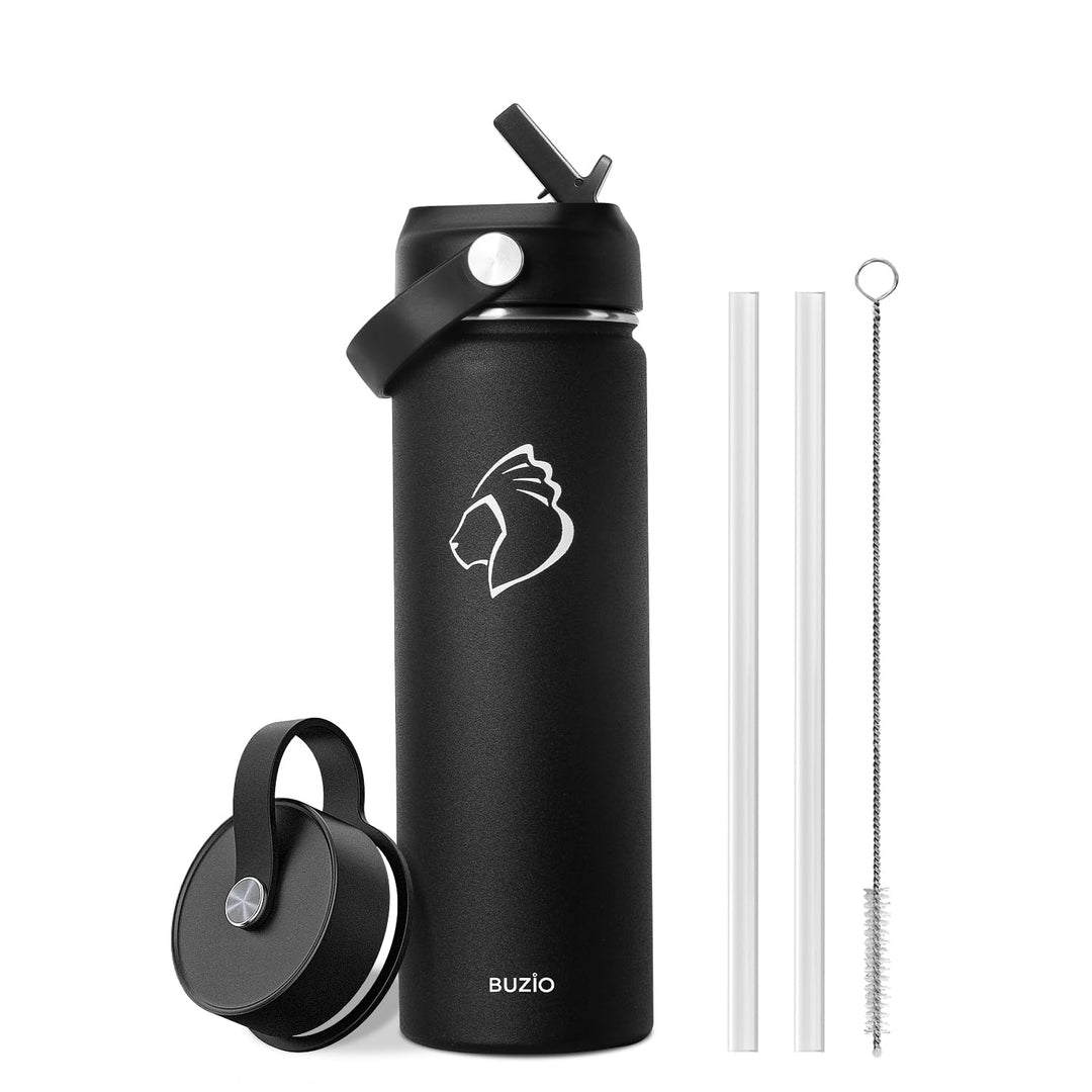 Edelstahl Trinkflasche mit Strohhalm, BUZIO Thermosflasche 680ml mit Strohhalmdeckel und Flexkappe k