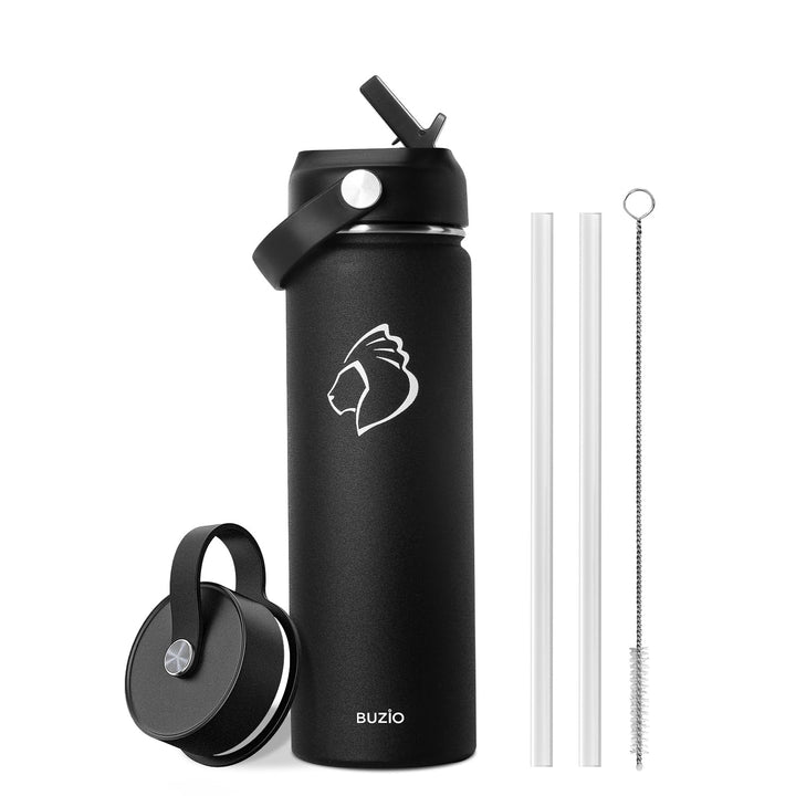 Edelstahl Trinkflasche mit Strohhalm, BUZIO Thermosflasche 680ml mit Strohhalmdeckel und Flexkappe k