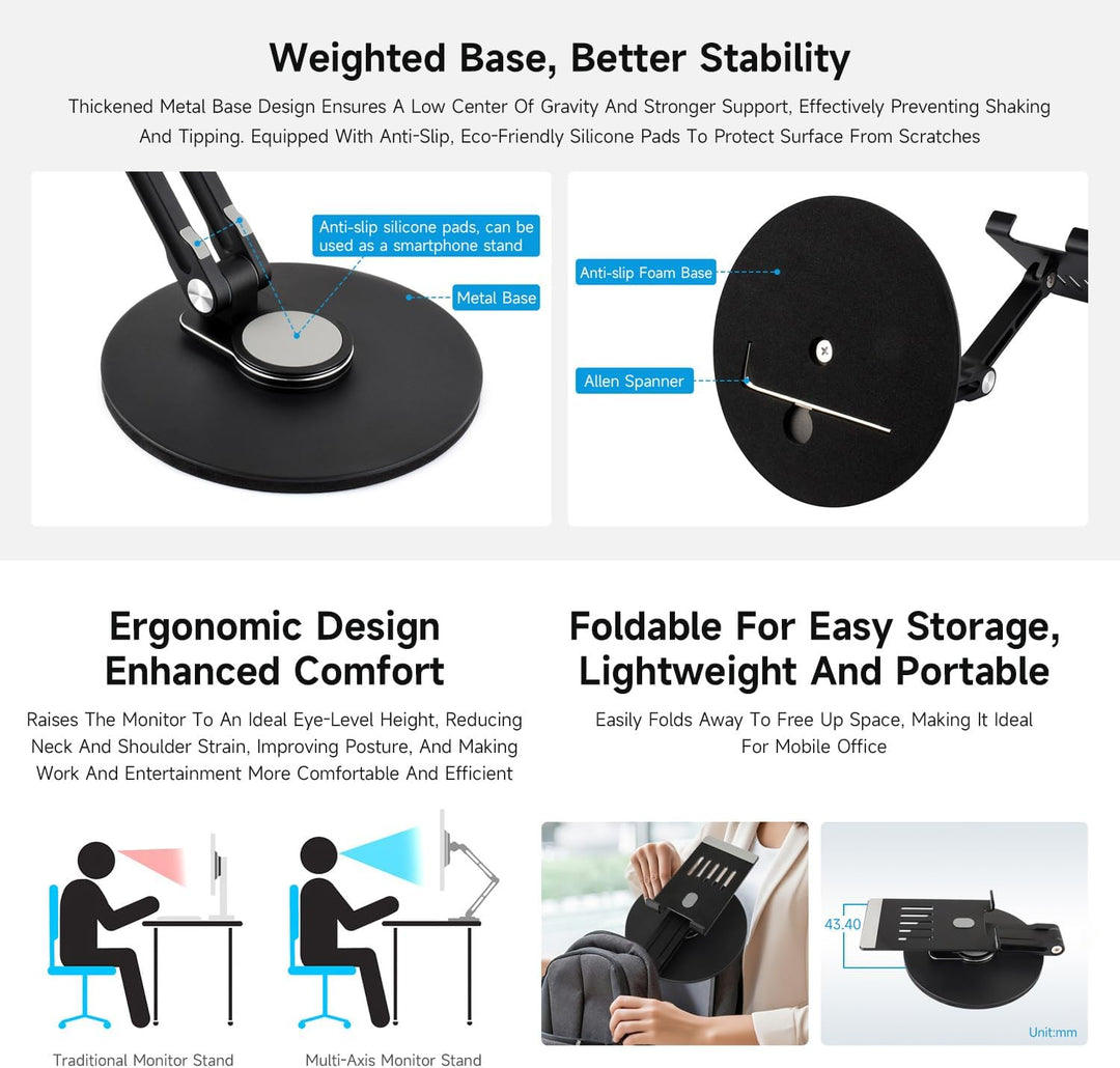 Waveshare Portable Monitor Adjustable Stand, Compatible with 4~18.5inch Monitors, Supports Multi-axi