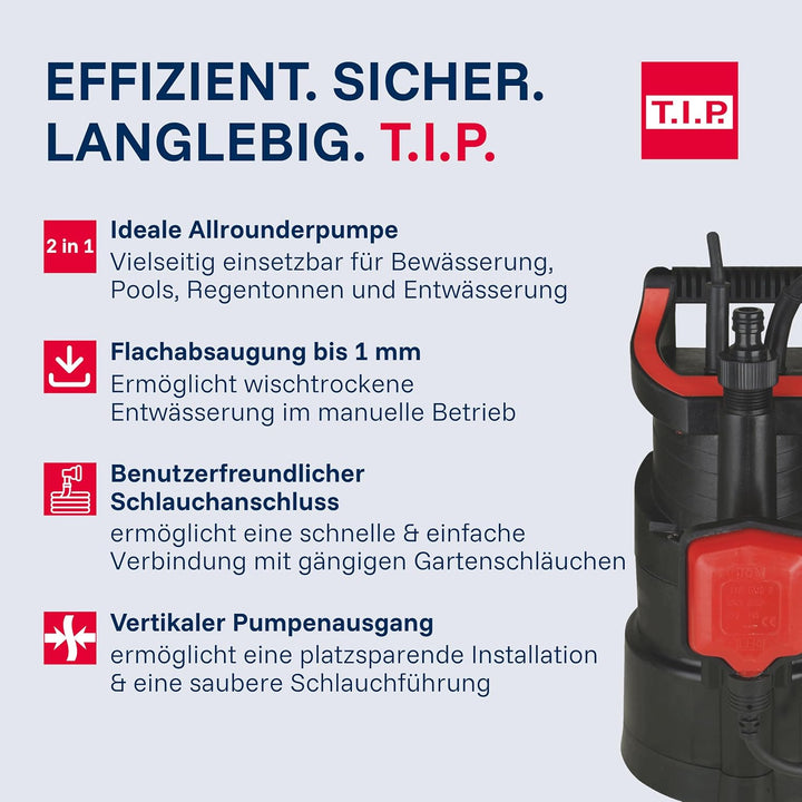 T.I.P. 30182 Tauchdruckpumpe DrainPress 3200/24, bis 3.200 l/h Fördermenge, Schwarz