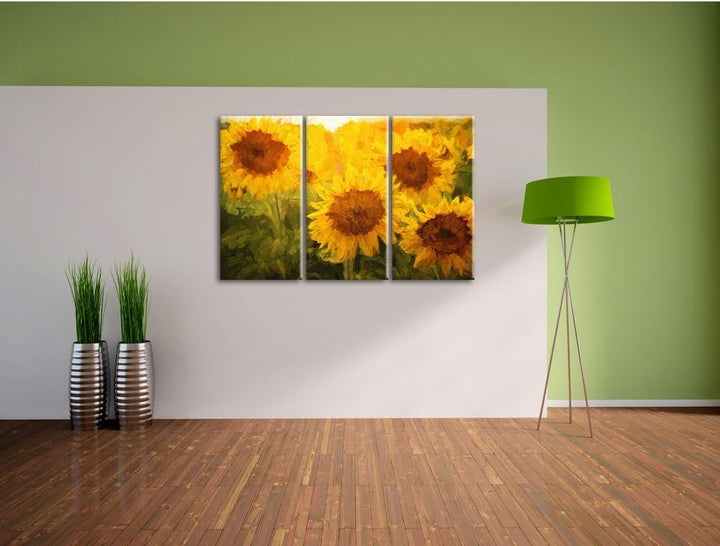 Pixxprint Sonnenblumen auf dem Feld Kunst als Leinwandbild/Grösse: 3 Teilig (120x80 cm) cm/Wandbild/
