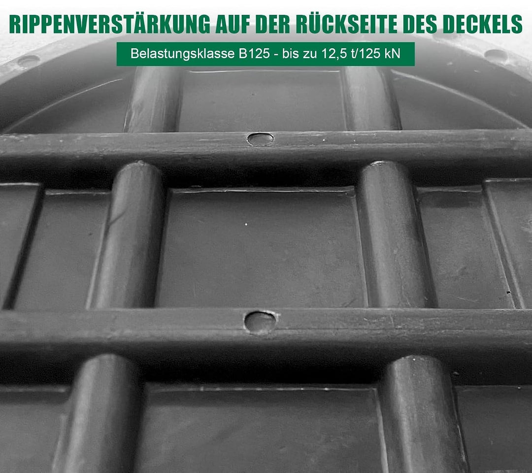 GFK-Schachtabdeckung Rund DN 450 (Lichte Weite 450 mm) – Deckel Ø500 mm, Rahmen Ø570 mm – B125 befah